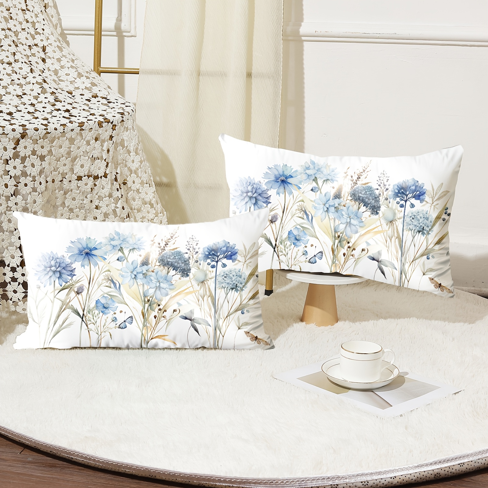 

2pcs Short Velvet Floral Pillowcase Creative Blue Floral Watercolor Print Pillowcase Room Sofa Cushion Pillow Cover Decoration High-end Single-sided Printing Does Not Pillow Core 30*50cm