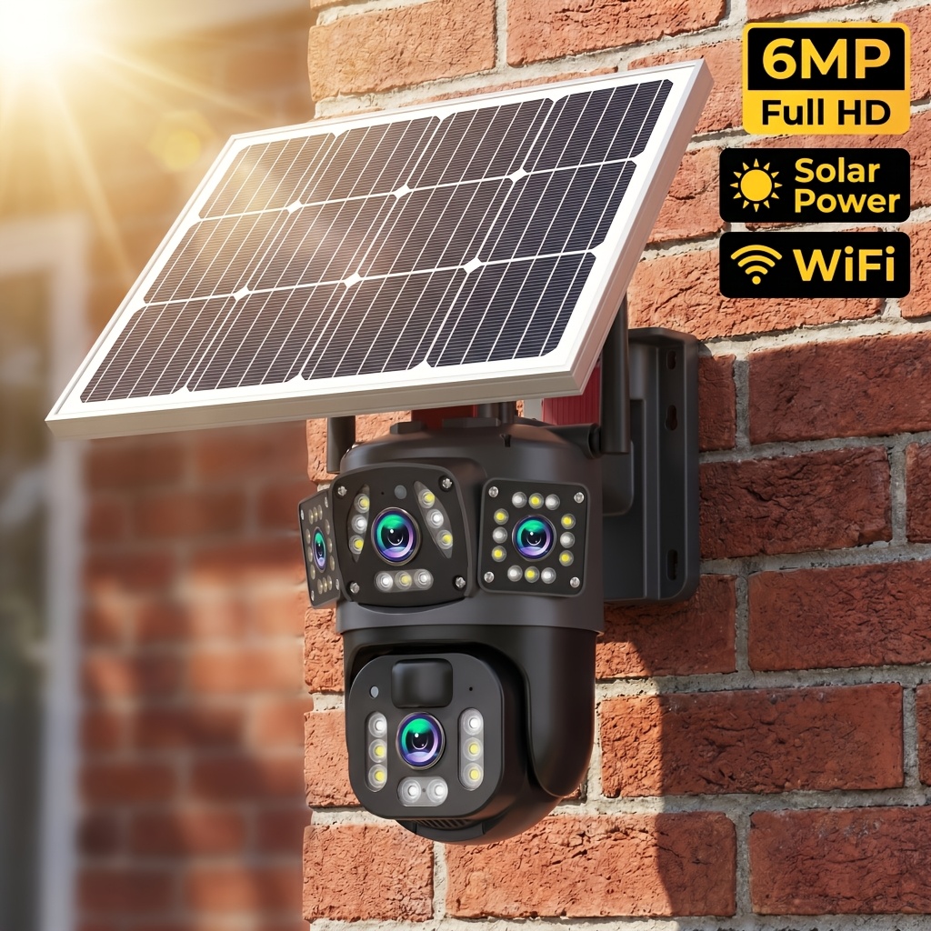TEMU 6mp Dual-lens Outdoor Wireless Solar Powered Security Cctv Camera, 2.4ghz Wifi, High Capacity Battery, 360° Rotation And 90° Tilt, Night Vision,