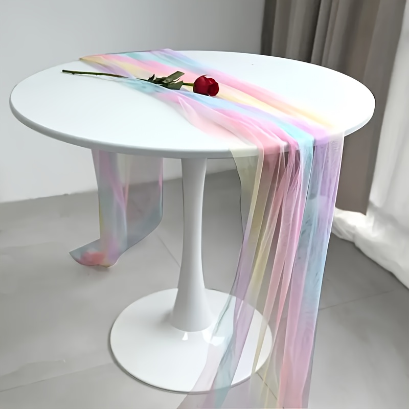 1pc Elegant Rainbow Sheer Table Runner - Luxurious Pink To Blue Polyester Fabric With Pleated Water Pattern, Perfect For Weddings, Holidays, Coffee Tables, And Kitchen Decor