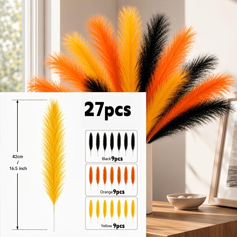 TEMU 27pcs Bouquet Décoratif Premium Noir Or Orange Tricolore en Fausse , Branches de en Plumes, Fleurs Artificielles Moelleuses et Luxueuses,