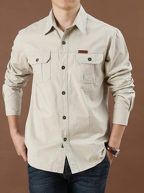 mens casual outdoor casual sports long sleeve shirt 100 cotton featuring multiple pockets and a lightweight design for spring and autumn