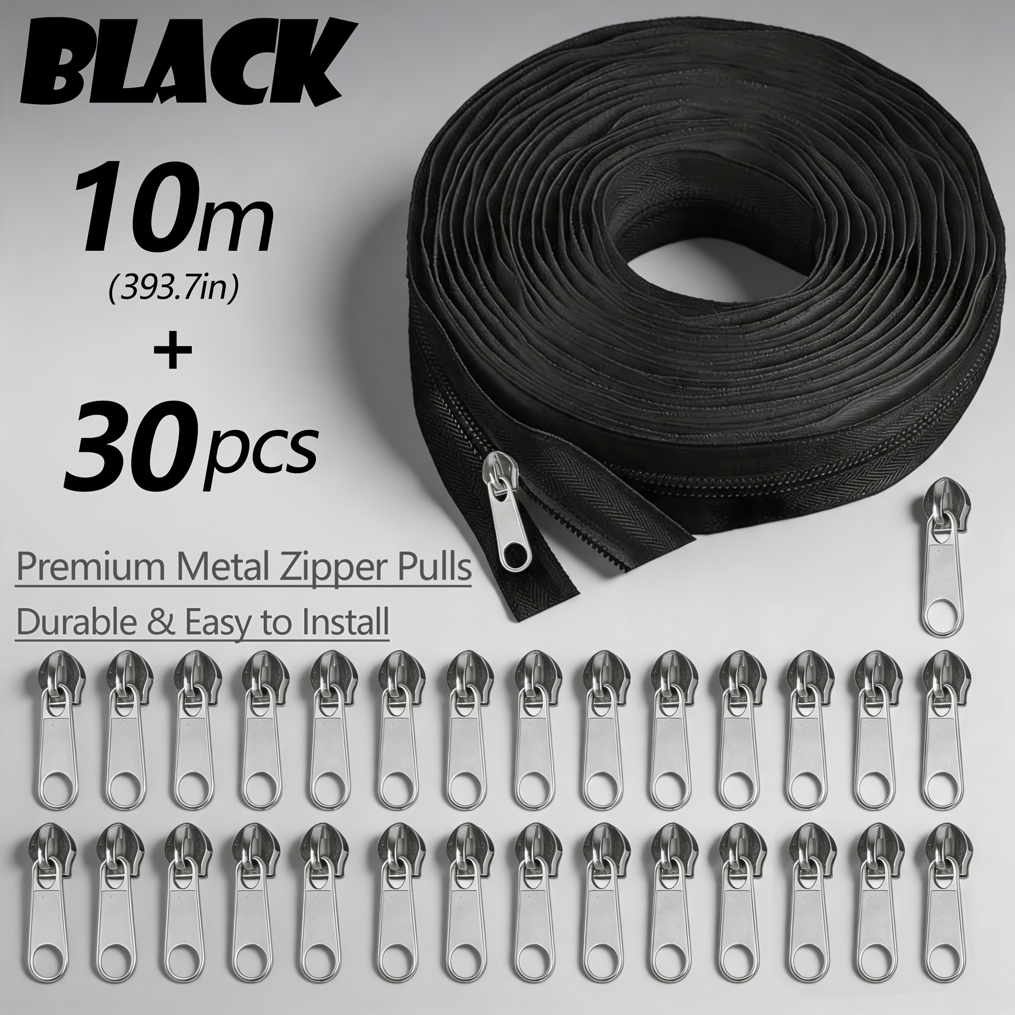 TEMU 30pcs Silvery Metal Zipper Heads And 10m Zipper Roll, Black White Zipper Tape, Sewing Zipper, Continuous Zipper Roll, For Bags, Wallets, Storage