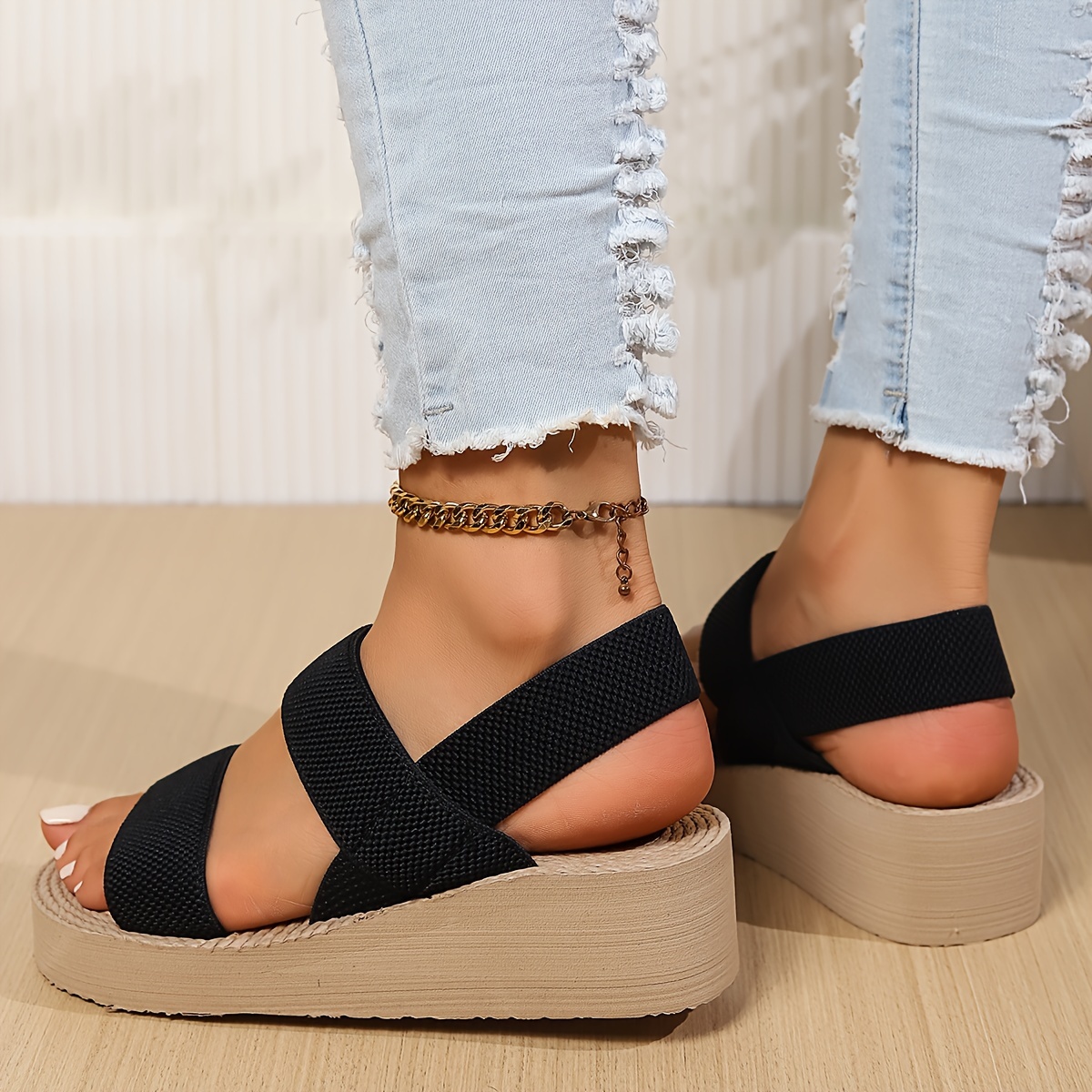 womens summer wedge sandals solid color open toe elastic strap slip on shoes casual outdoor beach sandals Product details 7