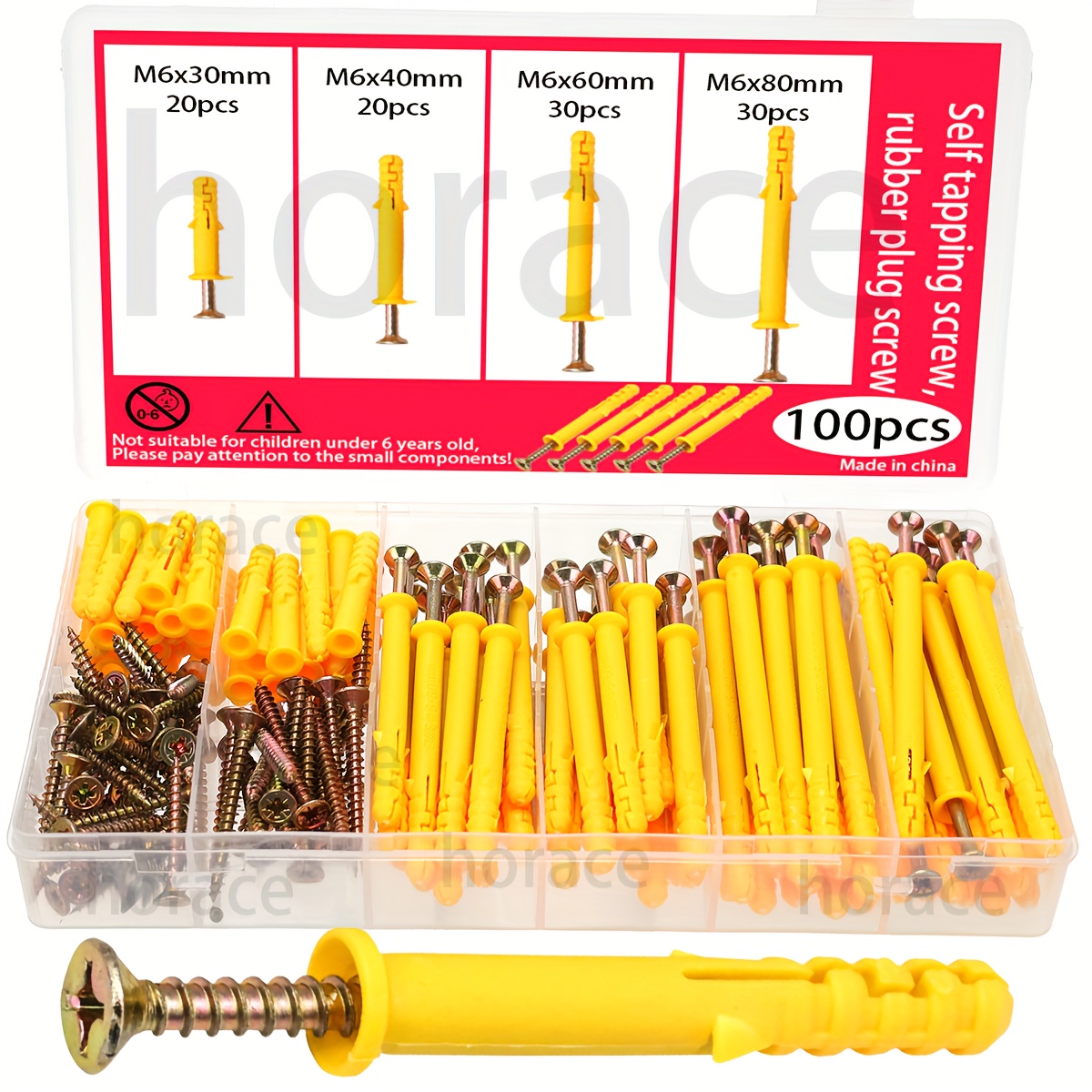 TEMU Kit de 100 pièces avec manchons et vis en nylon jaune, incluant des vis autotaraudeuses et des chevilles murales en plastique, pour