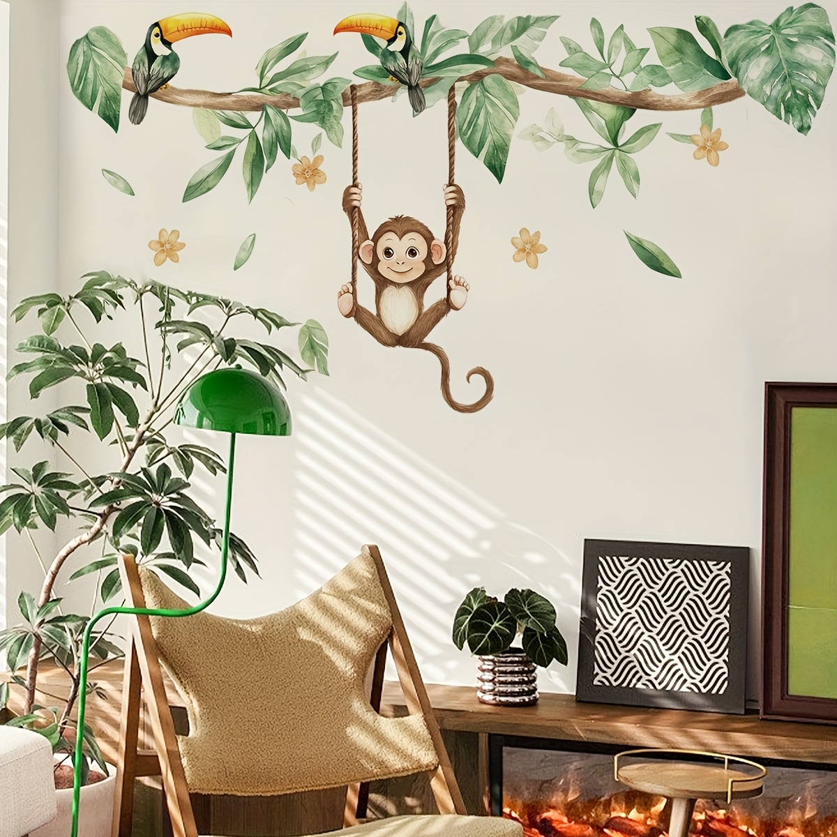 1pc Animal Wall Sticker - Cute Monkey, Parrot And Branch Design, Suitable For Living Room Bedroom Hallway Furniture Decorative Decal Self-adhesive