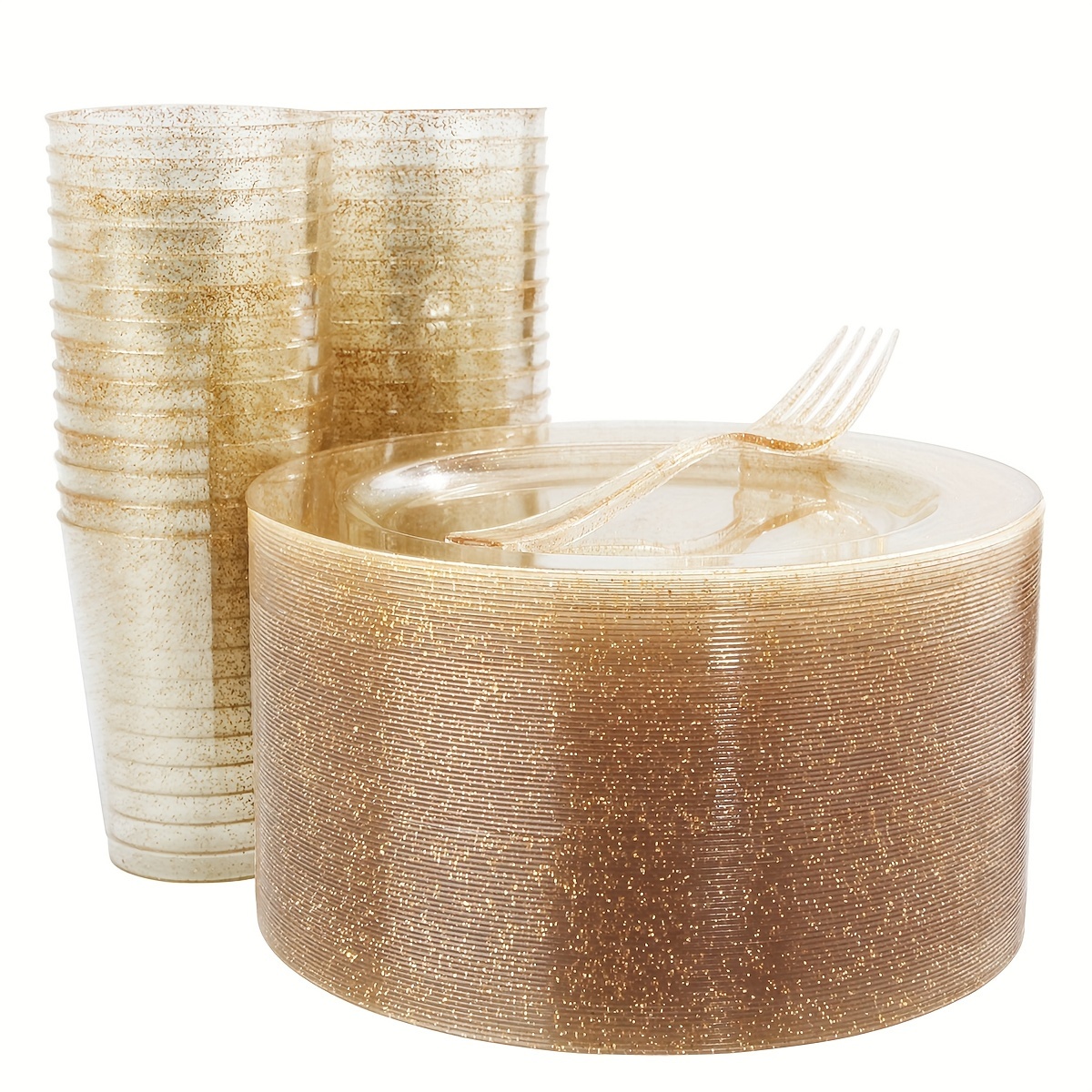 

50 Pcs Golden Glitter Salad Plates With 50 Pcs Plastic Forks And 50 Pcs Golden Glitter Disposable Cups 9oz, Dessert Plates 7.5 Inch For Party And Wedding