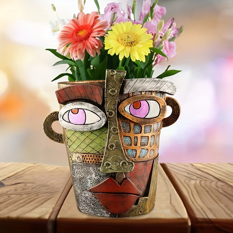 

Vintage Artistic Face Resin Planter - Quirky Abstract Human Face Design Indoor Outdoor Flower Pot With Drainage Hole, Multifunctional Home Decor Floor Mounted Pot For Succulents And Plants