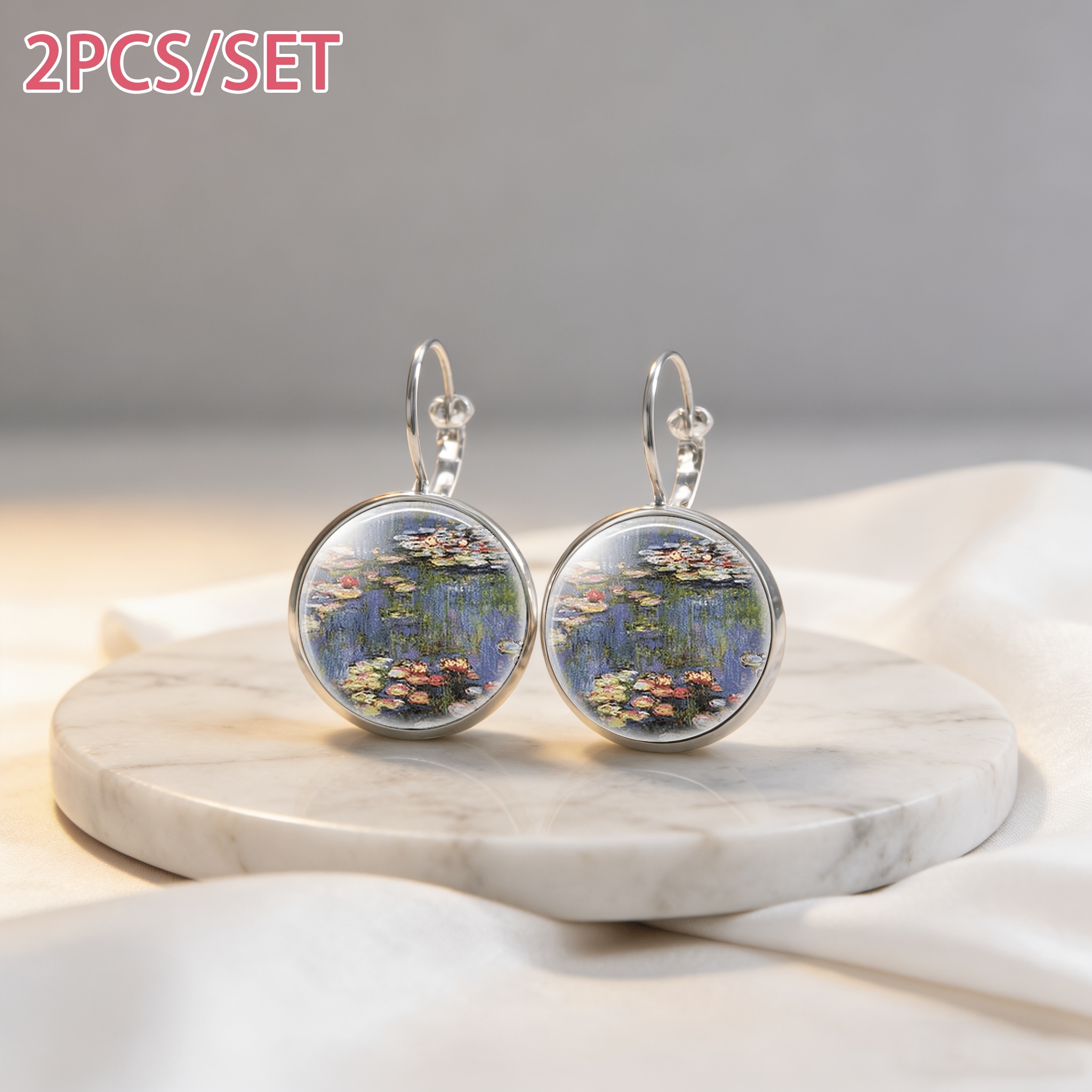 2pcs Set White French Ear Hook Earrings, Monet Water Lilies Design
