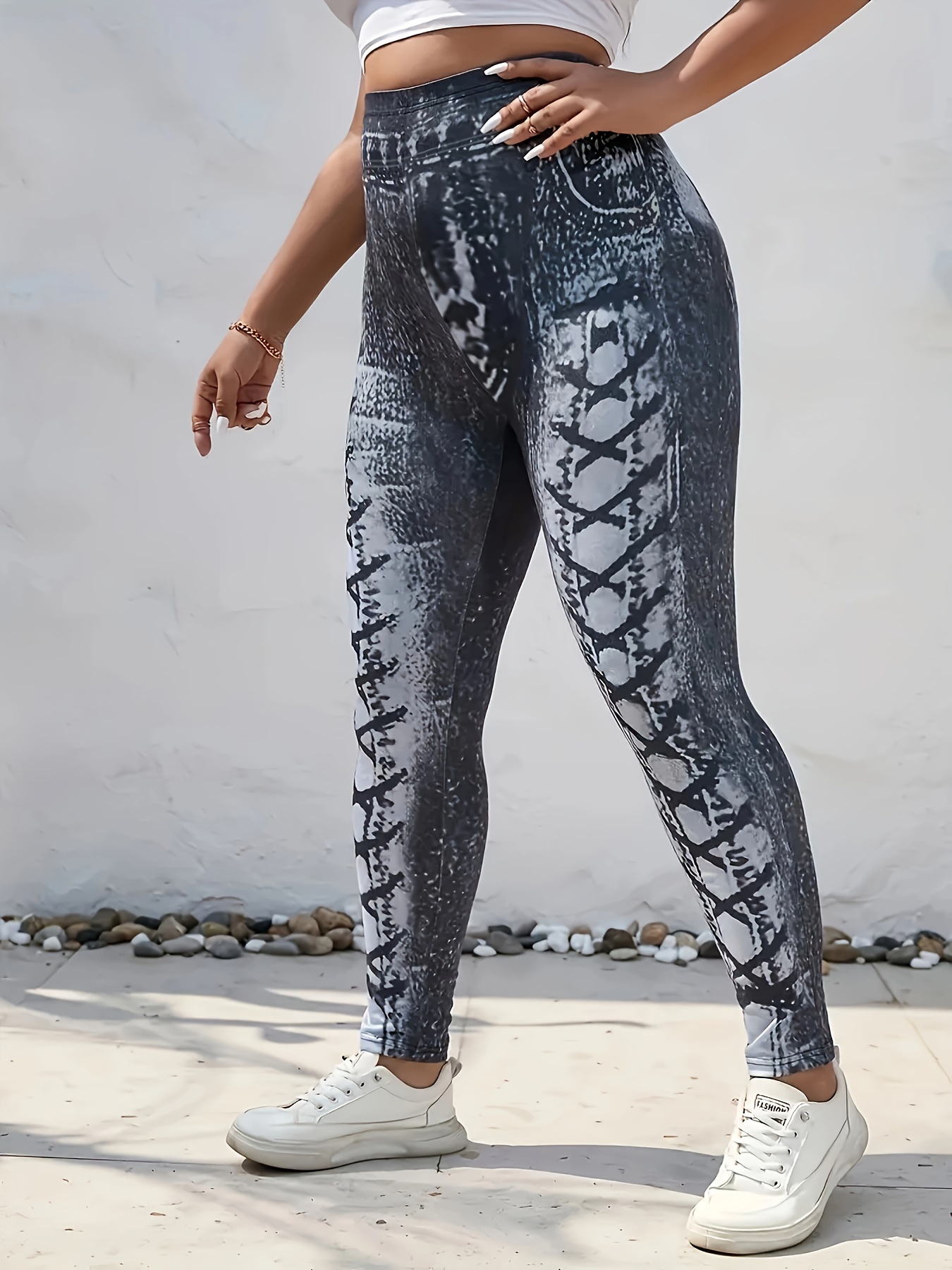 Calça Jeans Estampada Fitness Para Ioga, Cintura Alta