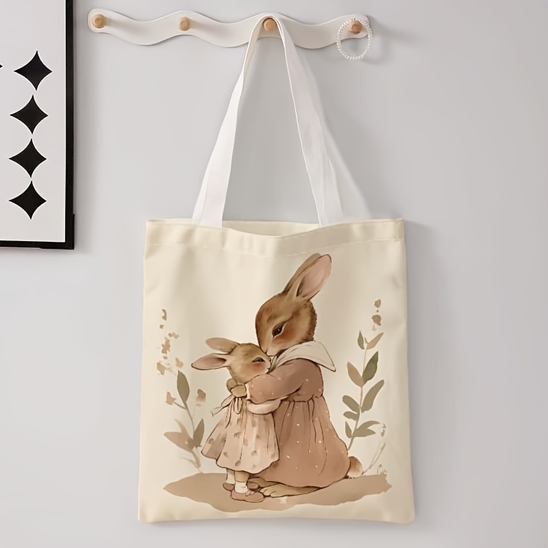 

Sac fourre-tout en polyester avec imprimé lapin mère et fille, sac à dos de shopping réutilisable décontracté, sac à main multifonctionnel fermeture, sac à bandoulière