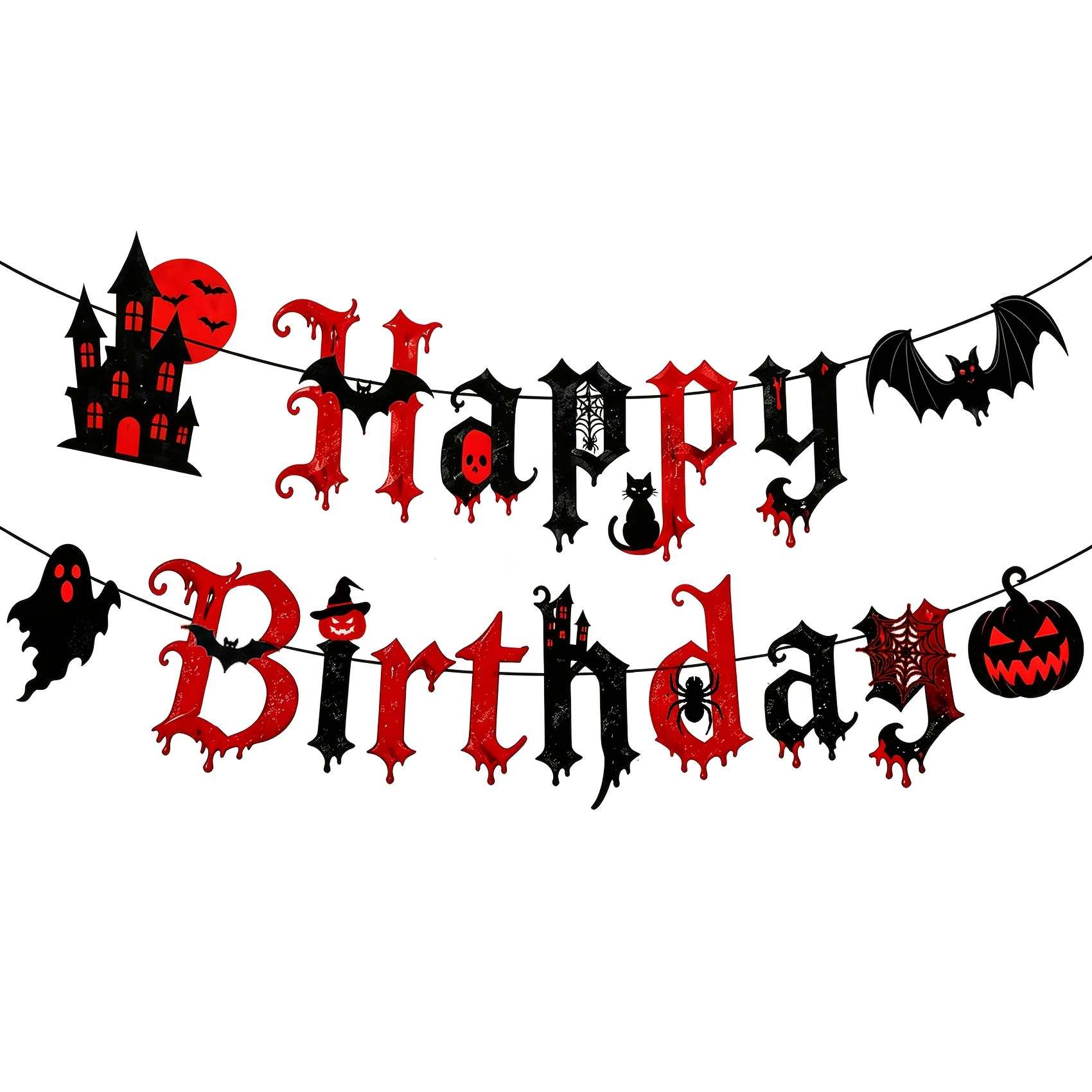 Image of 17pcs Halloween Birthday Party Banner, Pennant Flag, Spooky Birthday Party Backdrop Decoration