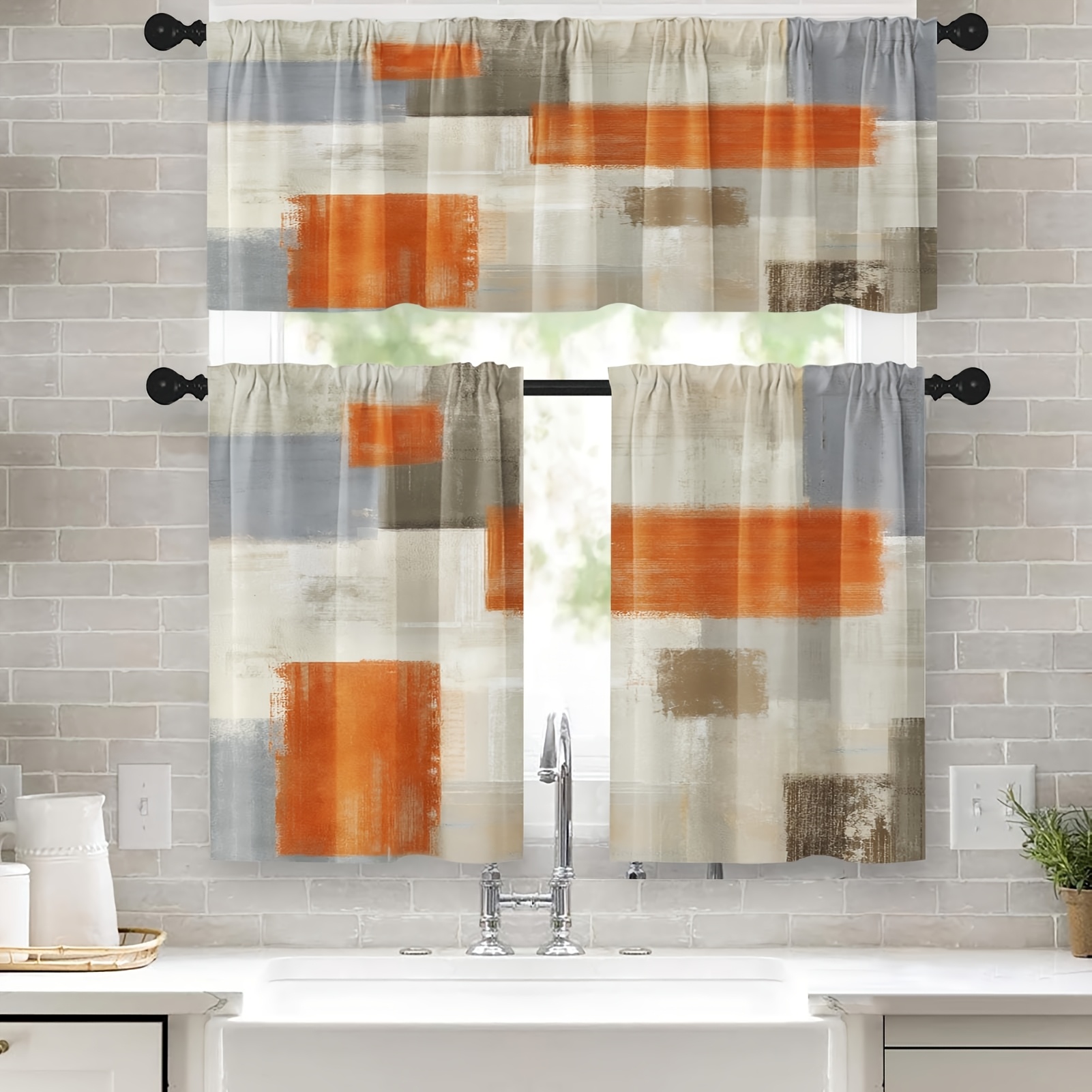 TEMU 3pcs 36 Inch Kitchen Curtains Beige And Orange Abstract Art Window Curtains And Valances Set Of 3, White Modern Art Background Short Tier Curtain, Vintage Small Kitchen Decor