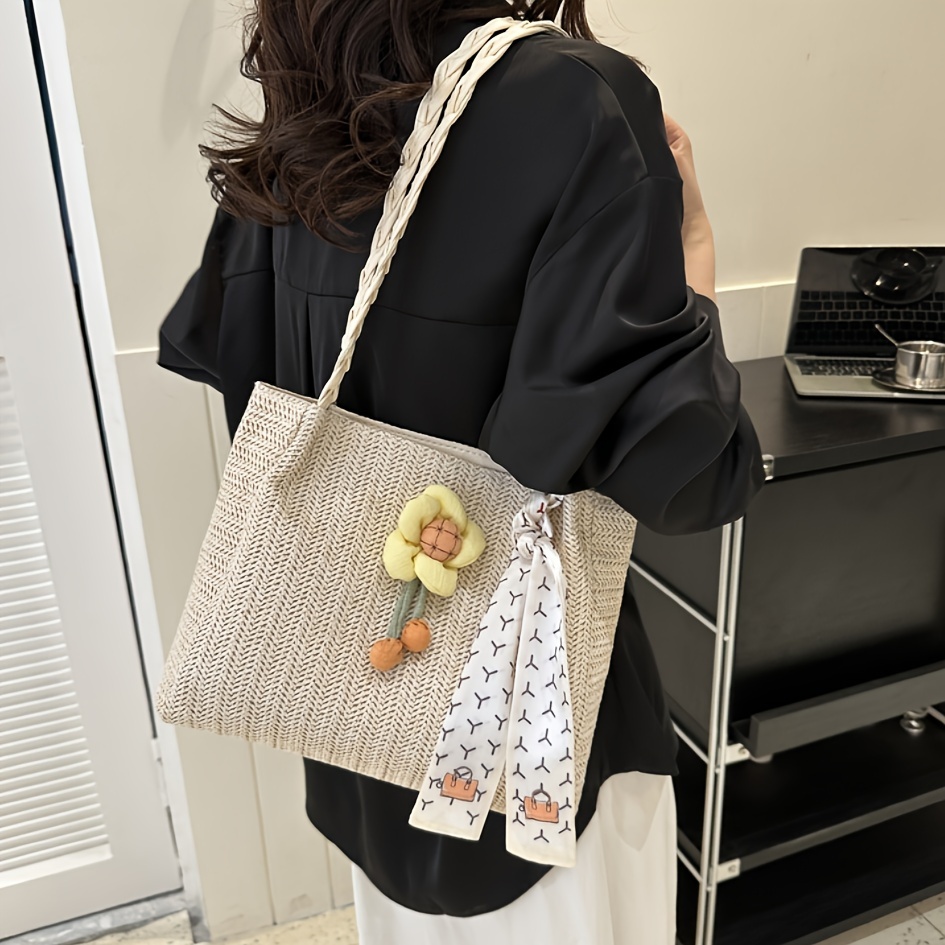 

Simple Straw Design Shoulder Bag, Minimalist Solid Color Flower Decor Underarm Bag For Vacation Use