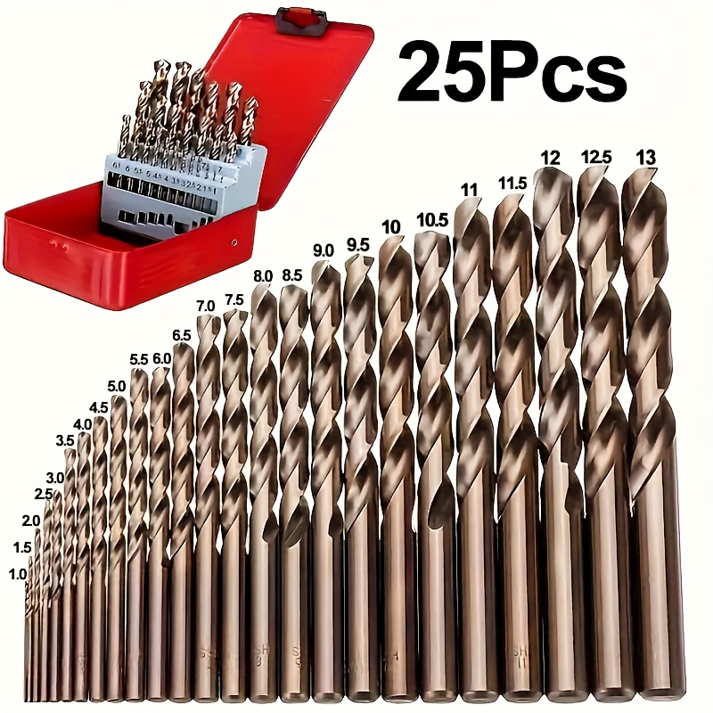 Image of 25pcs 1.0mm-13.0mm M35 Cobalt Drill Bit Set, Hss-co Twist Drill Bits With Metal Case For Wood Metal Drilling.