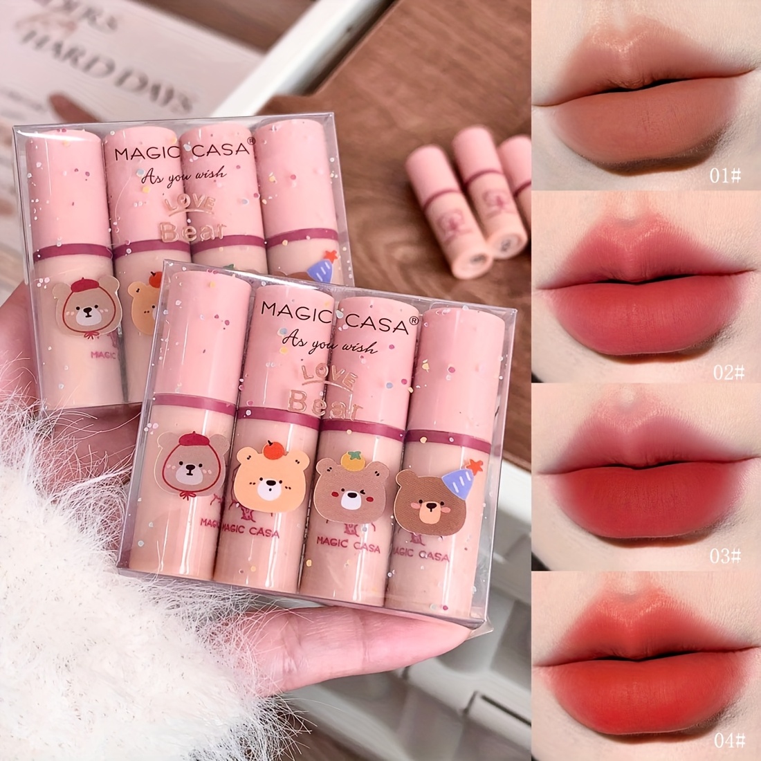 4pcs set mini bear lip gloss set matte velvet lipstick easy to color non fading liquid lipstick women students lip makeup