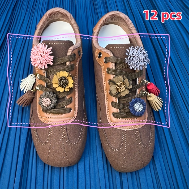TEMU 8/12pcs Handmade Retro Boho & Tassel Lace Clips Set - 3 Color Varieties (pink, Yellow, Blue) With Fringe Charms, Soft Closure For Boots,