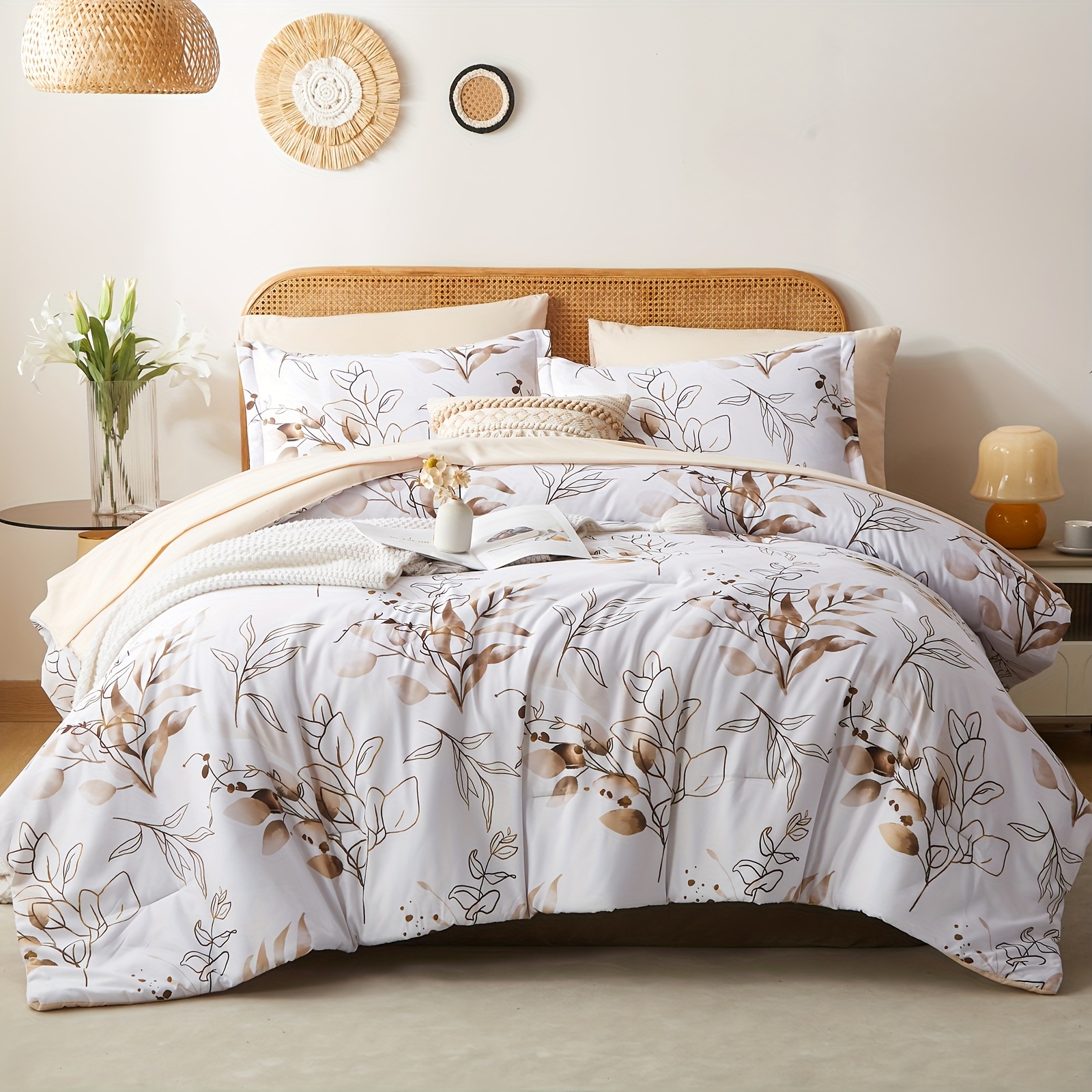 

5/7pcs Reversible Golden Leaves Printed Comforter Sets - Stain-resistant, Hypoallergenic, And Lightweight Bedding For All Seasons - Twin/full/queen/king Size Bed In A Bag With 100% Polyester Filling