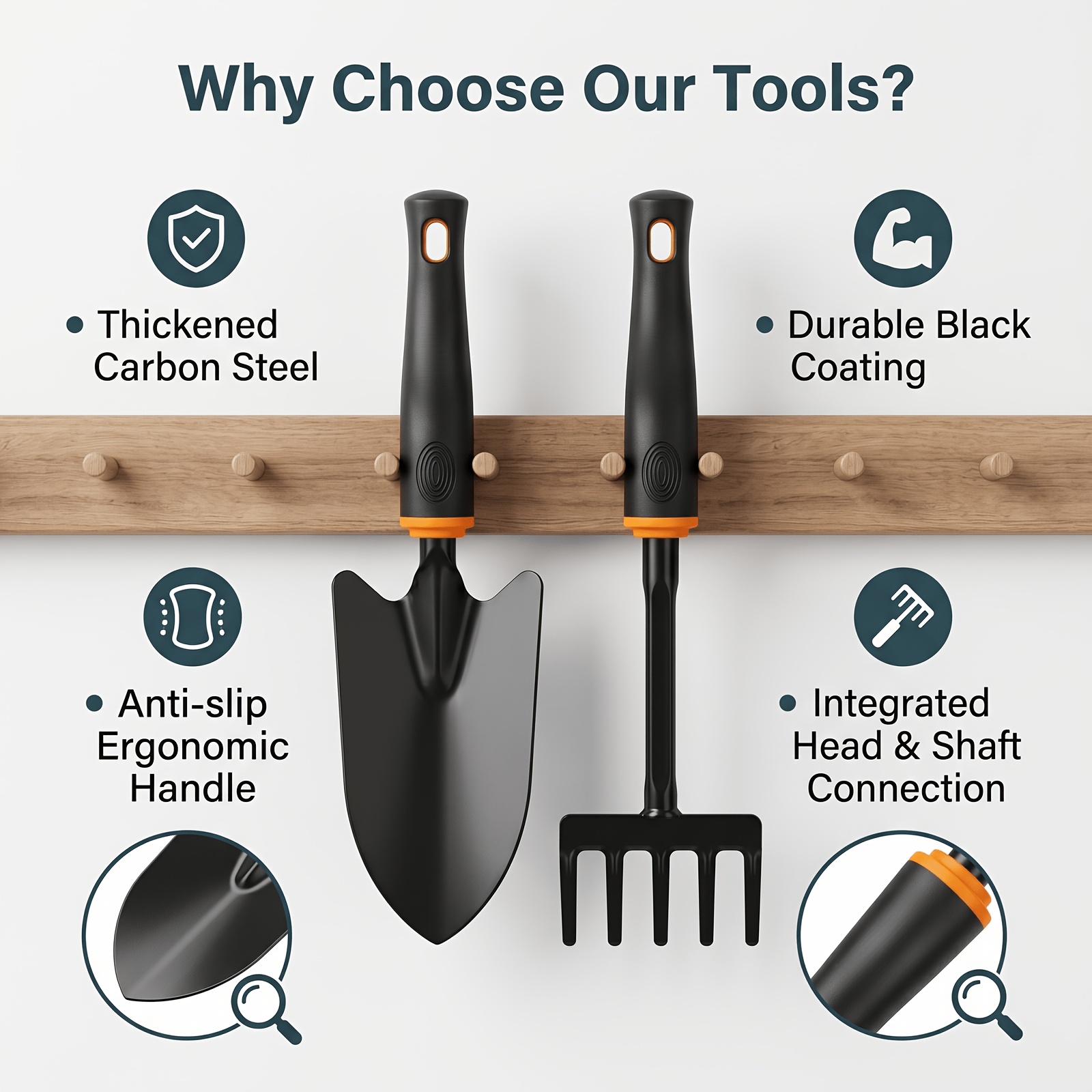 2pcs heavy duty gardening tools set carbon steel shovel rake with anti slip ergonomic handle   coated gardening hand tools for planting digging weeding loosening soil   home garden yard outdoor use