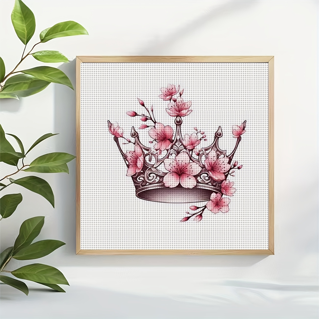 Printed DIY Cross Stitch Kit, "Pink Flowers with Crown" Pattern for Beginners