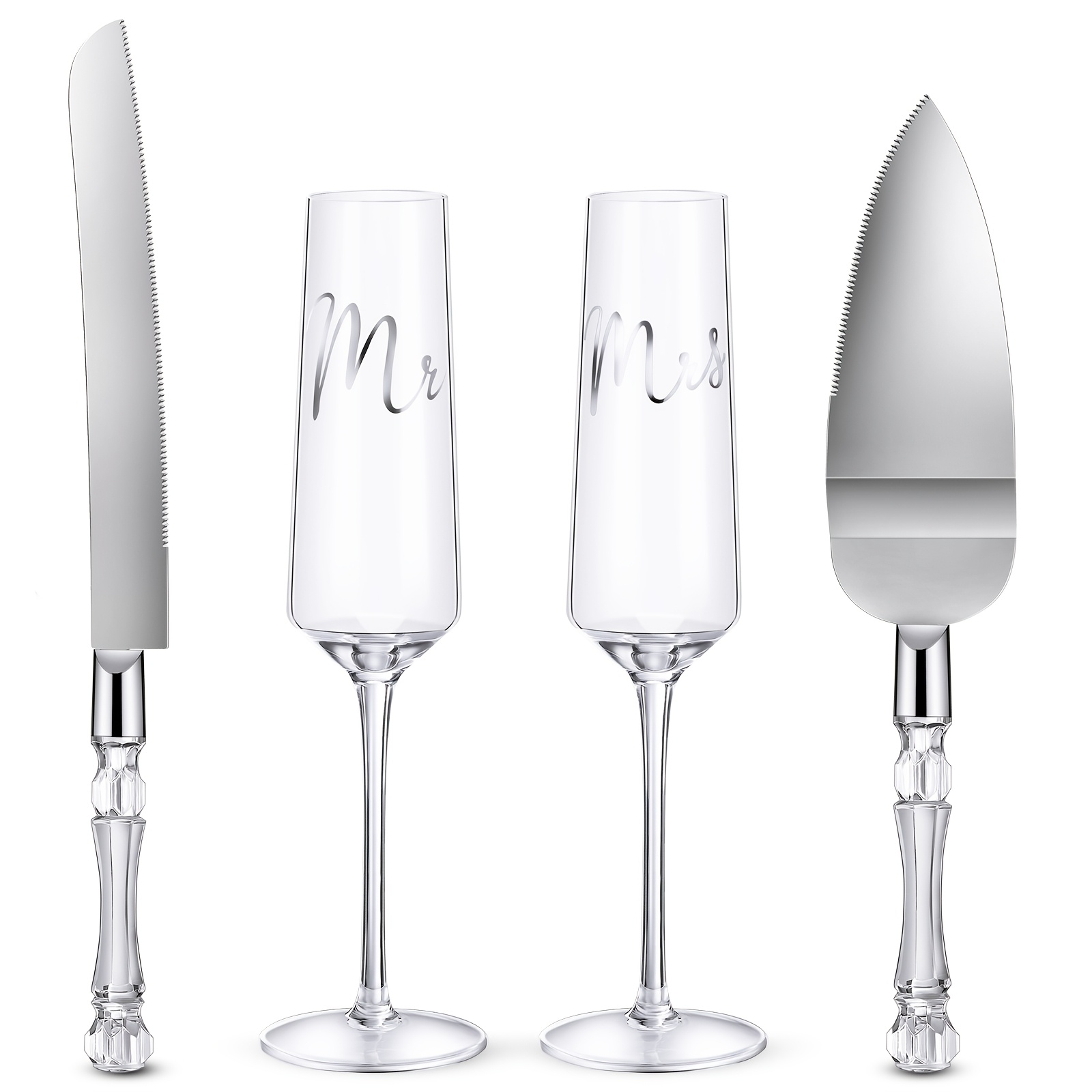TEMU 4pcs Wedding Toasting Flutes And Cake Set - Stainless Steel Glasses, Cake Knife, Pie For Wedding Reception, Clear, Classic, Yaomiao