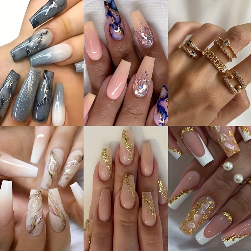 

120pcs Nude Press On Nails Coffin Long Fake Nails + 5pcs Rings Acrylic Gradient Sequins False Nails Marble Full Cover Stick On Nails For Women And Girls