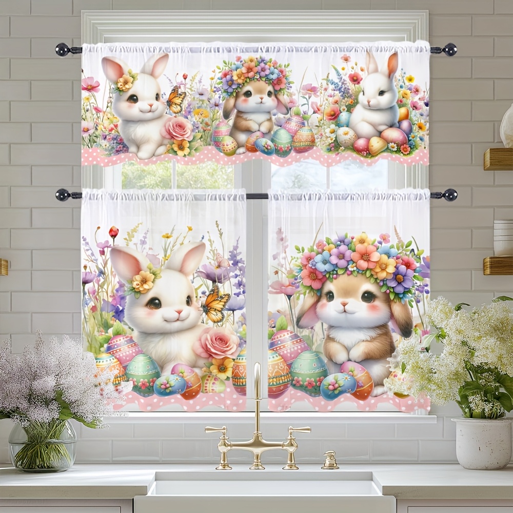 

1pc Valance/2pcs Sheer Curtains Easter Cute Bunny And Floral Print, Rod Pocket Sheer Drapes For Bedroom, Office, Kitchen, Living Room, Study, And Home Decor