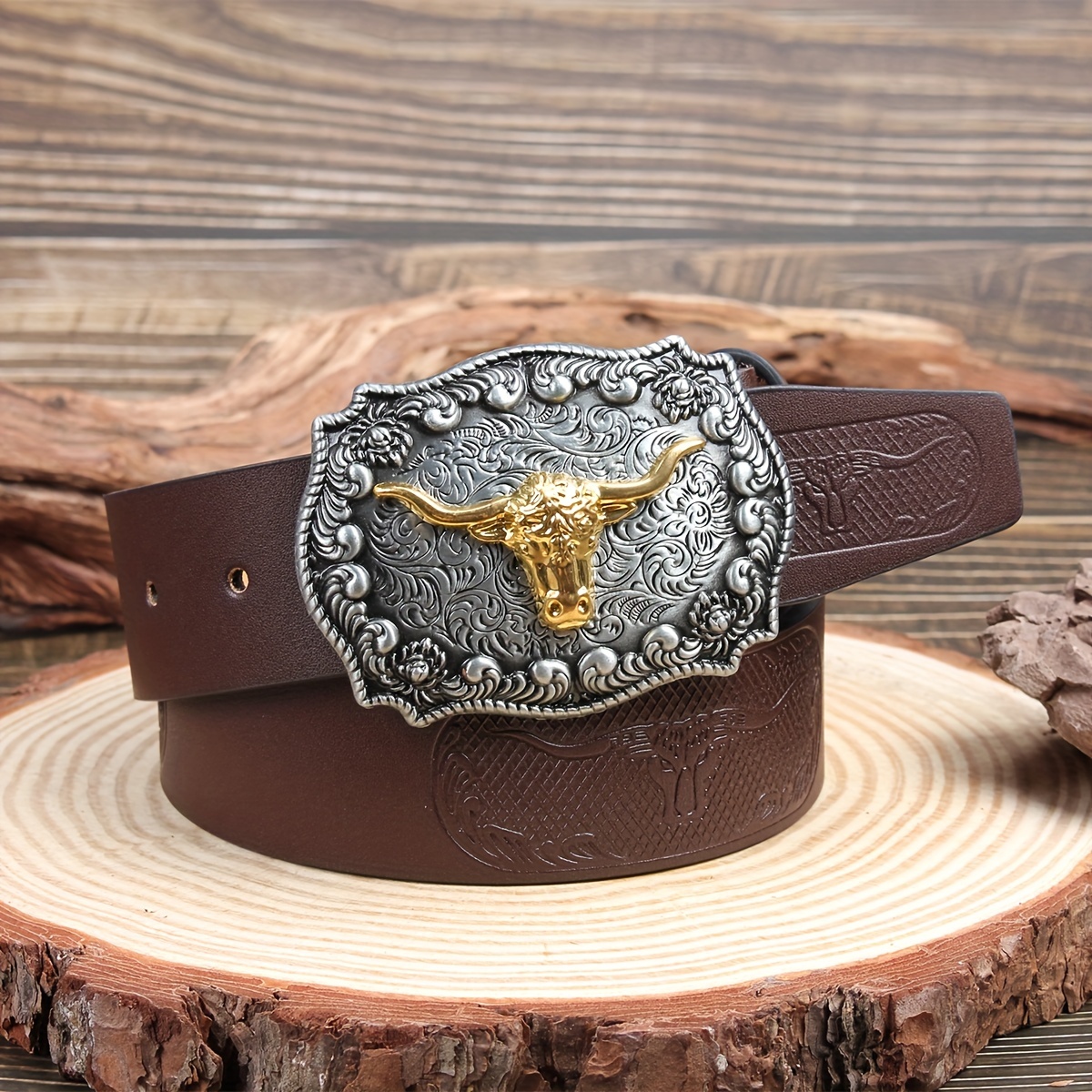 Ceinture tendance de style western pour hommes et femmes avec bord en herbe  large de 3,7 cm, tête de dorée, boucle dorée, boucle argentée, motif