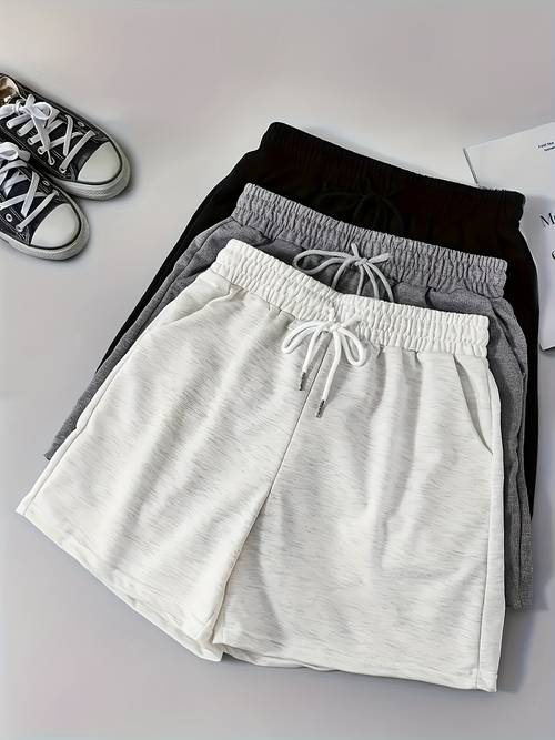 3pcs set of womens casual knitted shorts solid color double pockets drawstring waist