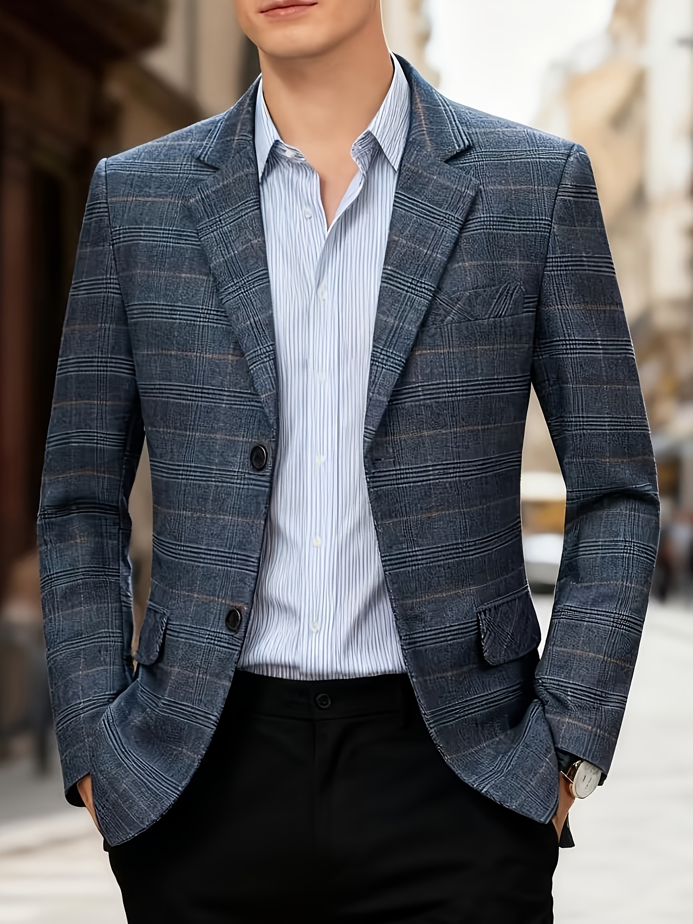 mens striped     jacket business casual single breasted   style notched lapel long sleeves   outerwear workwear casual attire