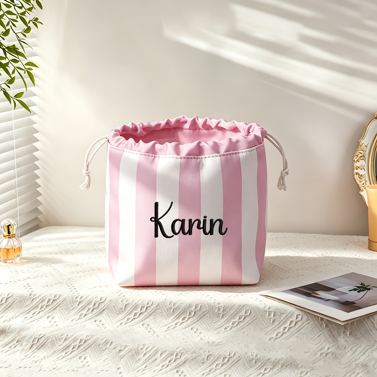 TEMU Trousse da Trucco Ricamata Personalizzata, Pochette Trucco con Personalizzato, Borsa a Coulisse a Righe, Borsa Cosmetica Portatile a Coulisse di