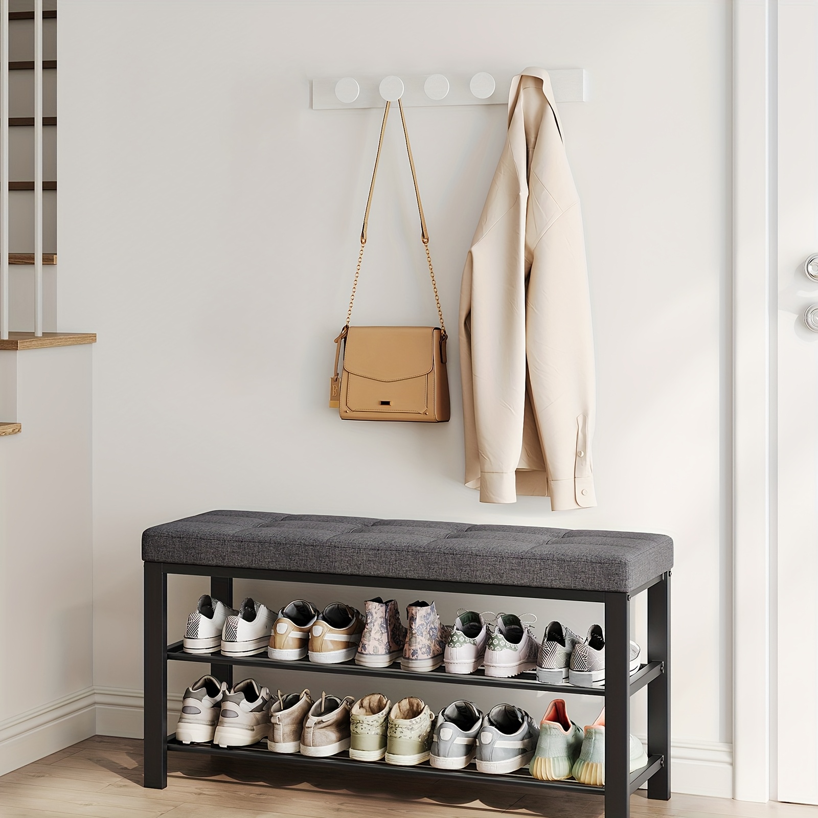 TEMU Banc à chaussures, gris foncé et noir, étagère à chaussures à 3 niveaux pour entrée, 12.2 X 39.4 X 19.3 pouces