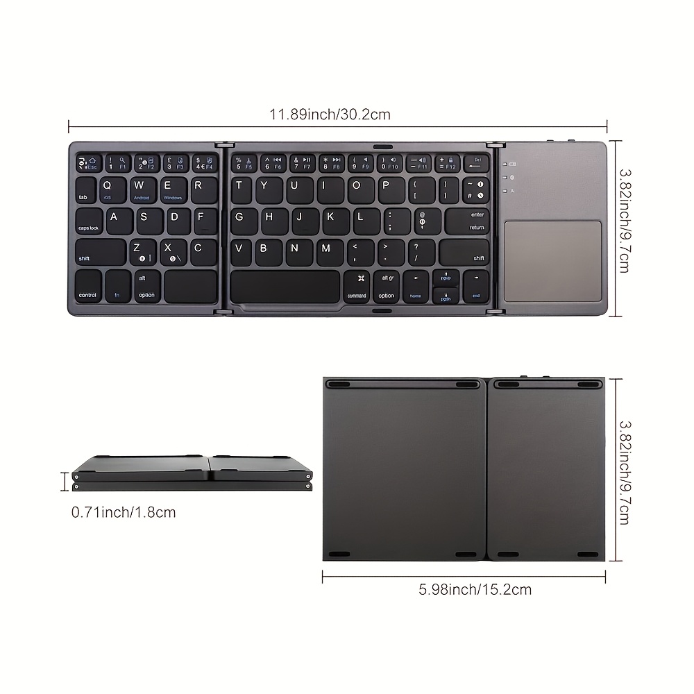 TEMU Foldable Bt Keyboard With Touchpad, Portable Wireless Keyboard For Travel & Office, Rechargeable Type-c Tri-folding Keypad Compatible With
