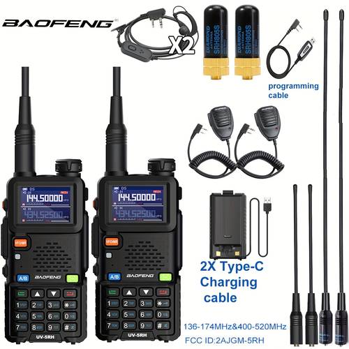 صورة العنصر مجموعة من جهازين راديو 5rh ثنائي الاتجاهات ببطارية 2500 مللي أمبير في الساعة، يتميز بشحن مباشر من النوع type-c، و 999 قناة للتواصل على الطويل، مثالي للأنشطة الخارجية مثل السفر والمشي لمسافات طويلة وركوب الدراجات والتخييم.