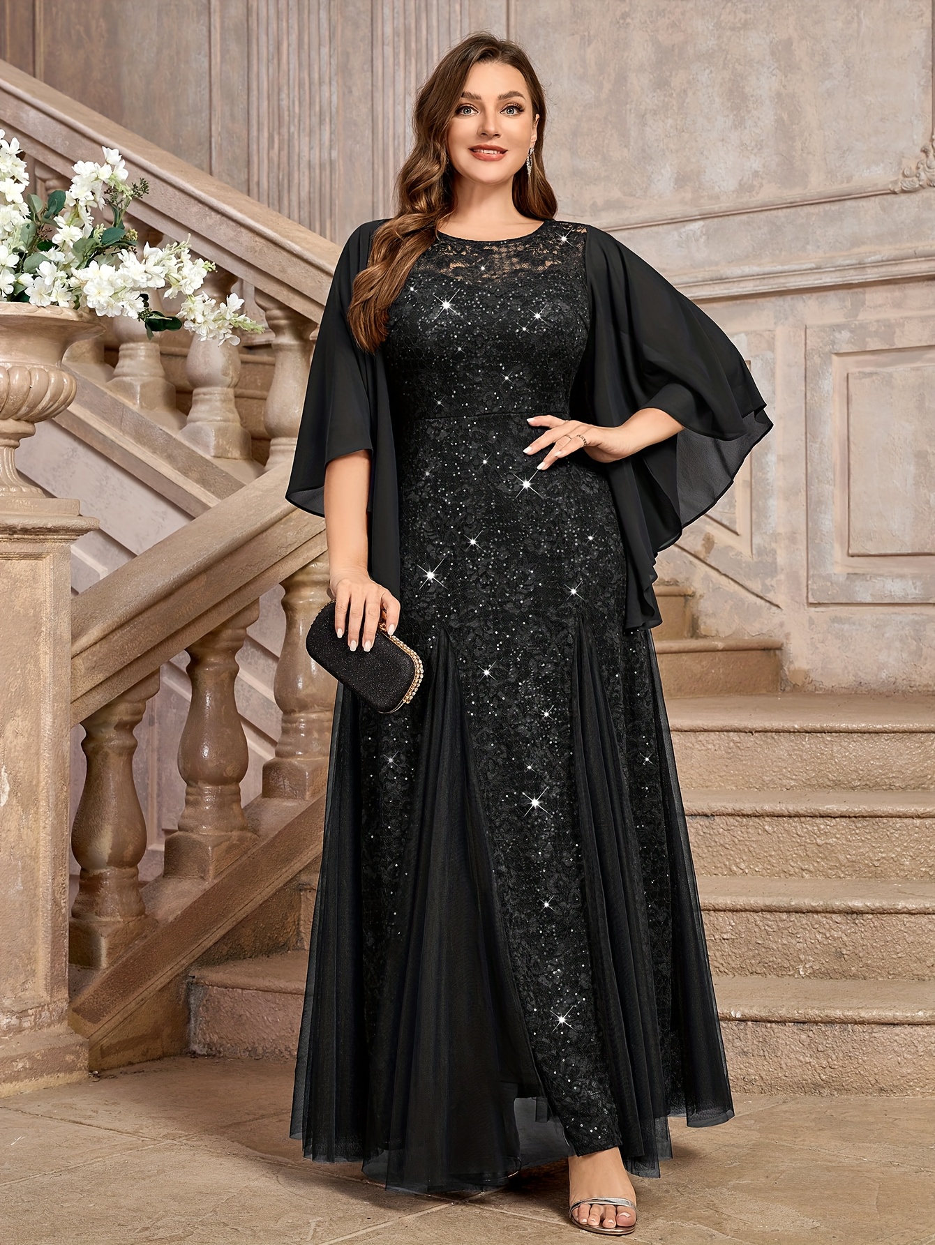 chinese dress ladies Plus Size Black Rhinestone One Sleeve Mermaid Formal Dress
