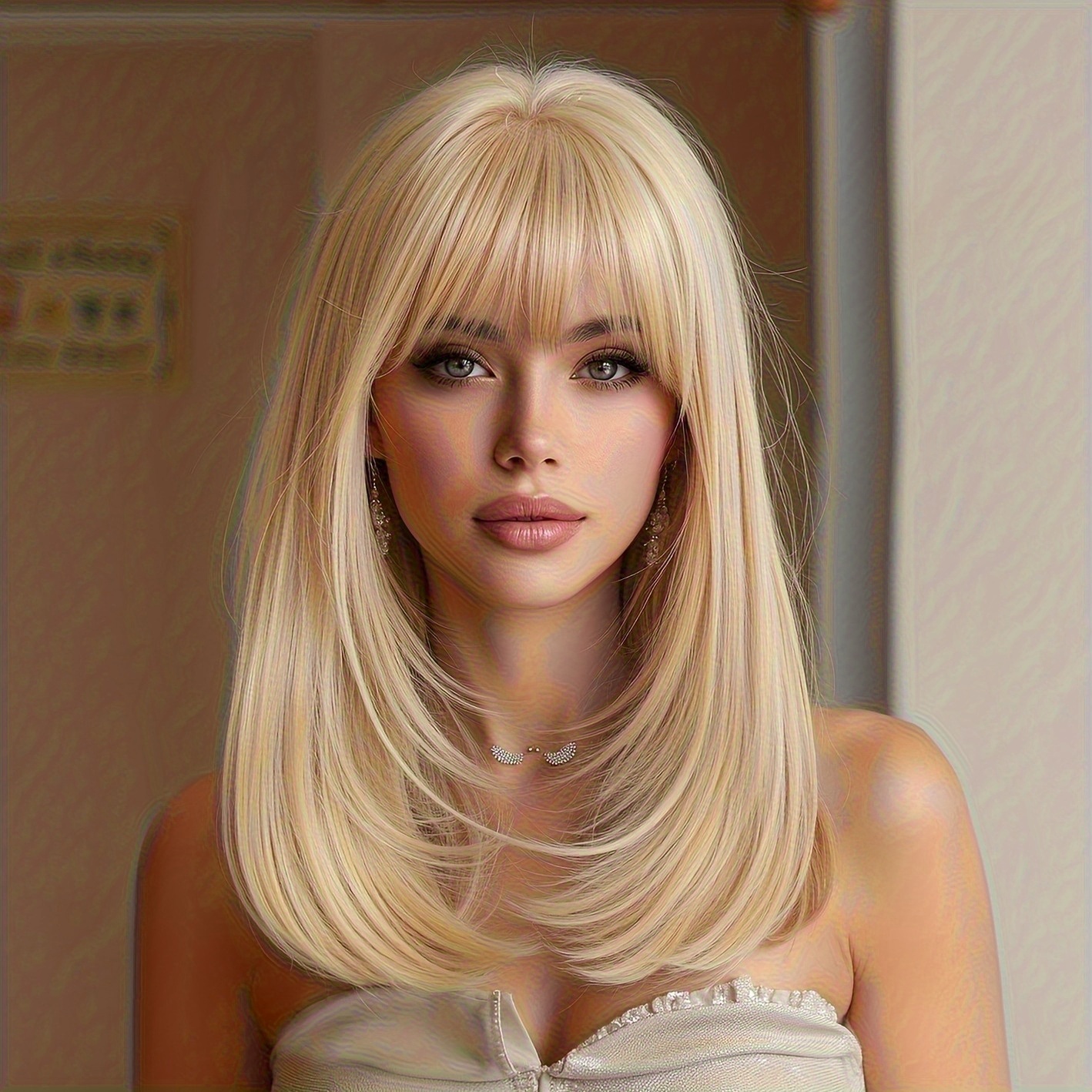 Image of 14-inch Layered Golden Blonde/ Wig With Bangs - Matte -resistant Synthetic Hair, Cap Suitable For Dating, Parties, Music Festivals - -looking Layered Balayage Wigs For Beginners