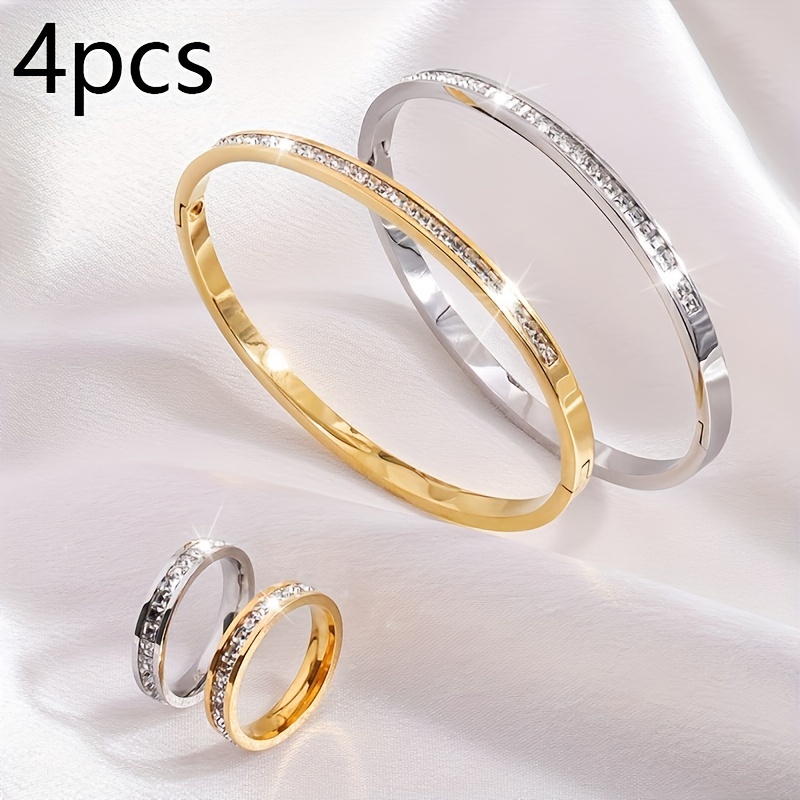 TEMU 4pcs Style Stainless Steel Jewelry Set, Rhinestone-embellished Bracelet And Ring Combo, Durable Fashion Accessories