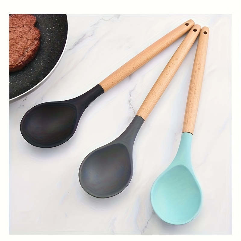 silicone spoon with wooden handle versatile kitchen utensil for soup salad stirring   easy to clean details 6