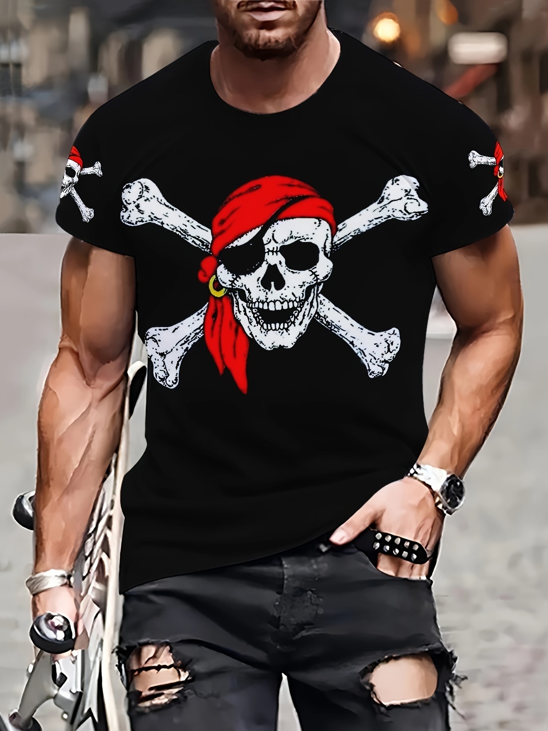 camiseta masculina com estampa de pirata impressão Temu Brazil