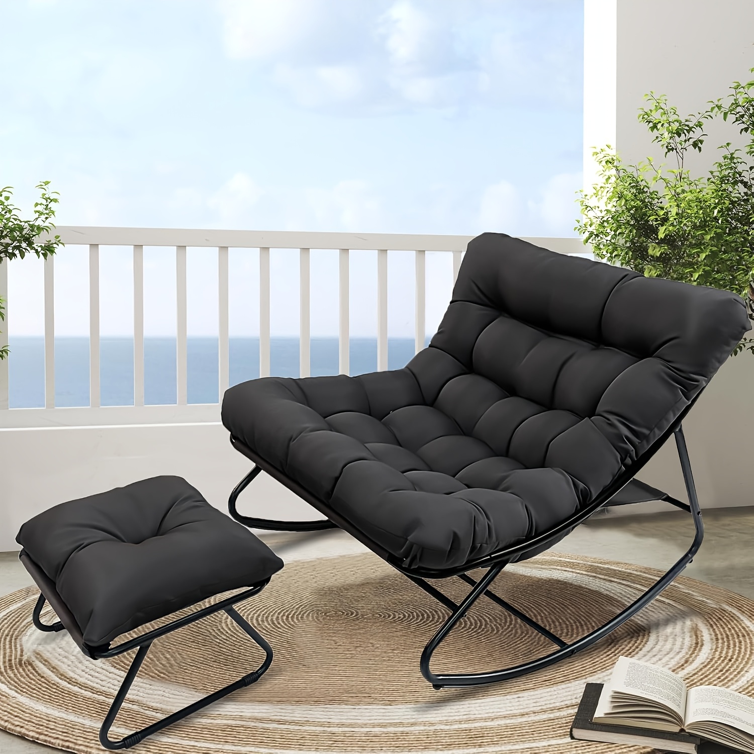Patio Rocking Lounge Chair With Matching Ottoman, Weather-resistant Metal Frame, Ideal For Garden Or Indoor Reading Corner