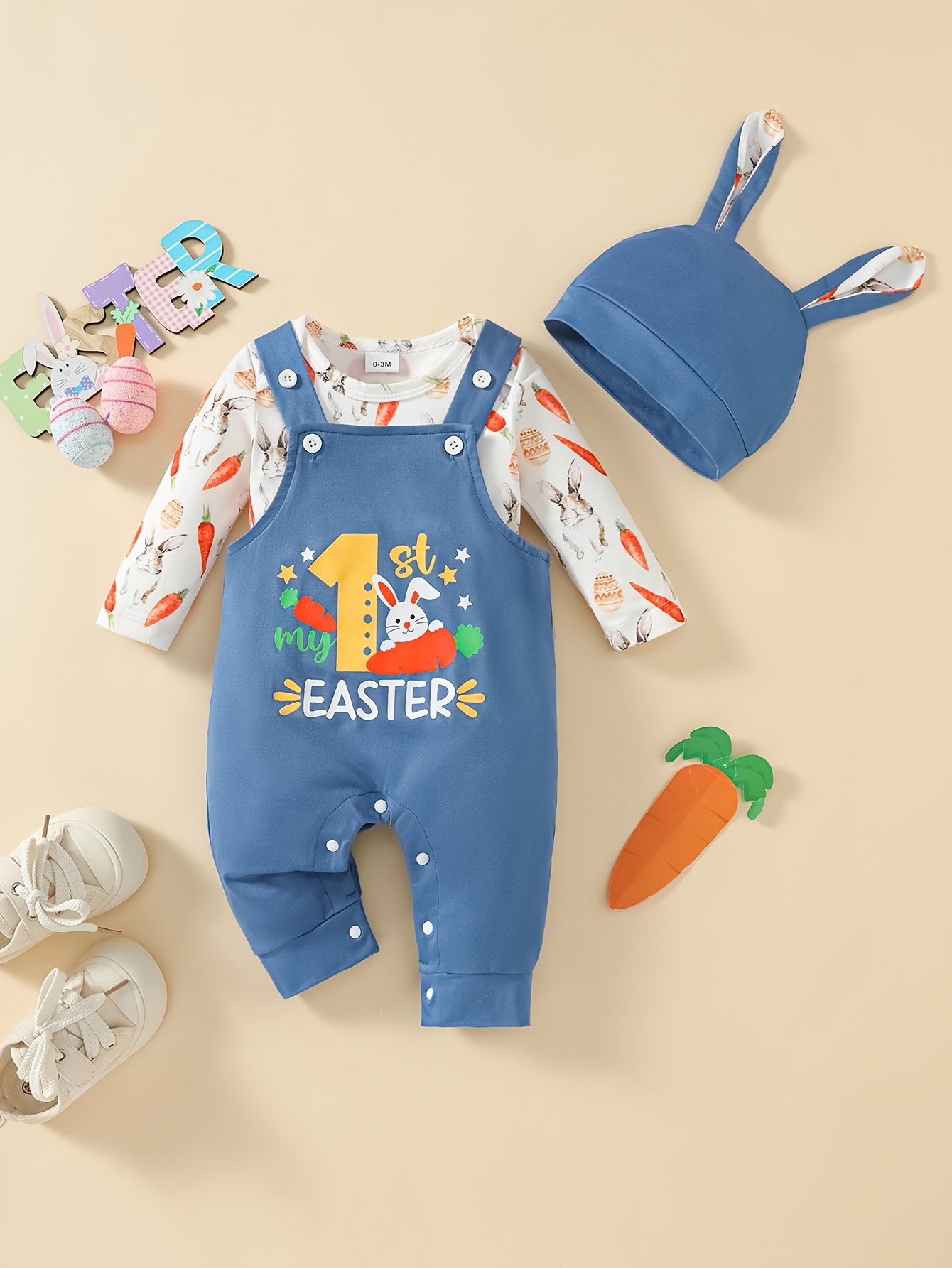 3pcs baby boy cartoon rabbit print bodysuit open leg romper with harness hat 0 12 months cute baby easter outfit   outdoor