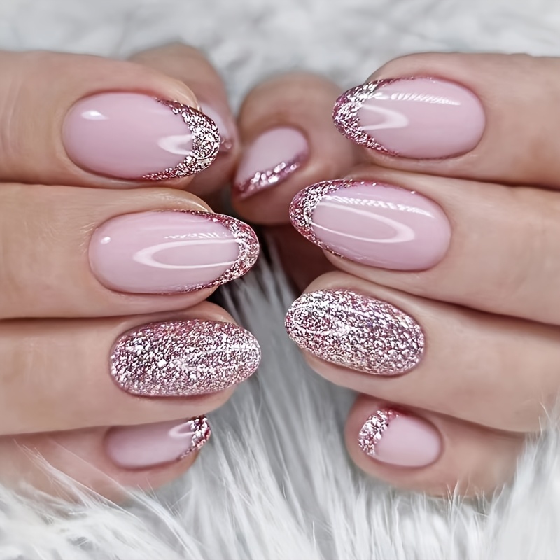 Upgrade Your Style 24pcs Short Almond-shaped Sequin Pink Glitter Delicate Sweet Cute Versatile False Nails With Jelly Adhesive And Nail File
