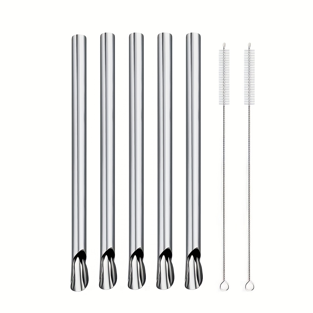 Image of Stainless Steel Straw Spoon With 5 Straight Tubes And 2 Straw Brushes, Thick Straw For Mixing Smoothies And , Straight Straw For Cold Drinks, Straw Spoon For Cold Drinks