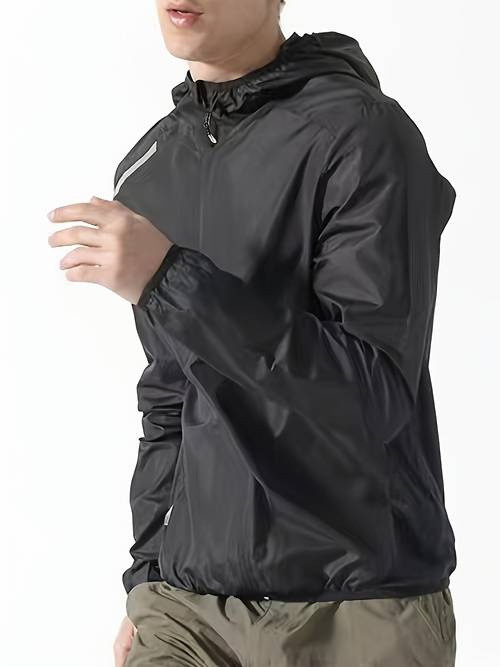 un cortavientos para hombre , de 92% nailon y 8% spandex, con elasticidad , transpirabilidad, de rápido, capucha, diseño elegante, marca de moda, bolsillo con cremallera de un solo y una chaqueta adecuada para