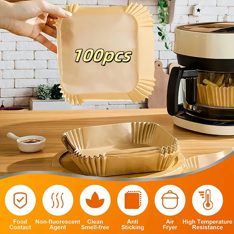 100pcs air fryer liners disposable 8 inch square non stick parchment paper oil proof heat resistant 450 for 5 12qt baskets microwave oven safe precut for compatible with all air fryers home baking holiday cooking halloween christmas easter thanksgiving accessories for air fryer air fryer liner xl oilproof paper material durable liner meal preppers Product details 0