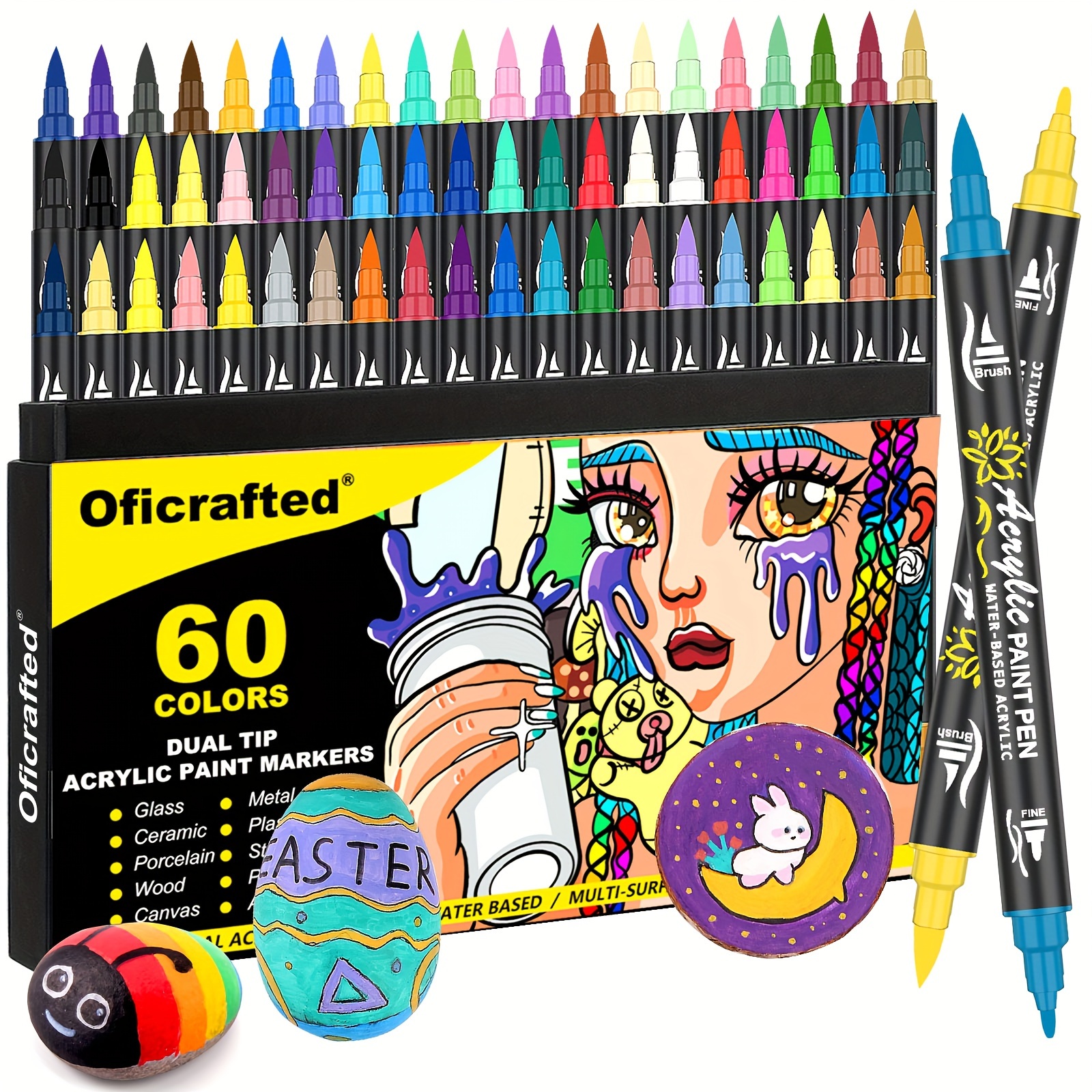 

60-piece Acrylic Paint Pen Set With Brushes & Fine Tips - Dual-tip For Rock, Wood, Glass, Ceramic Painting - Premium Markers For Office, Study, Art Supplies - Ideal For Diy Crafts