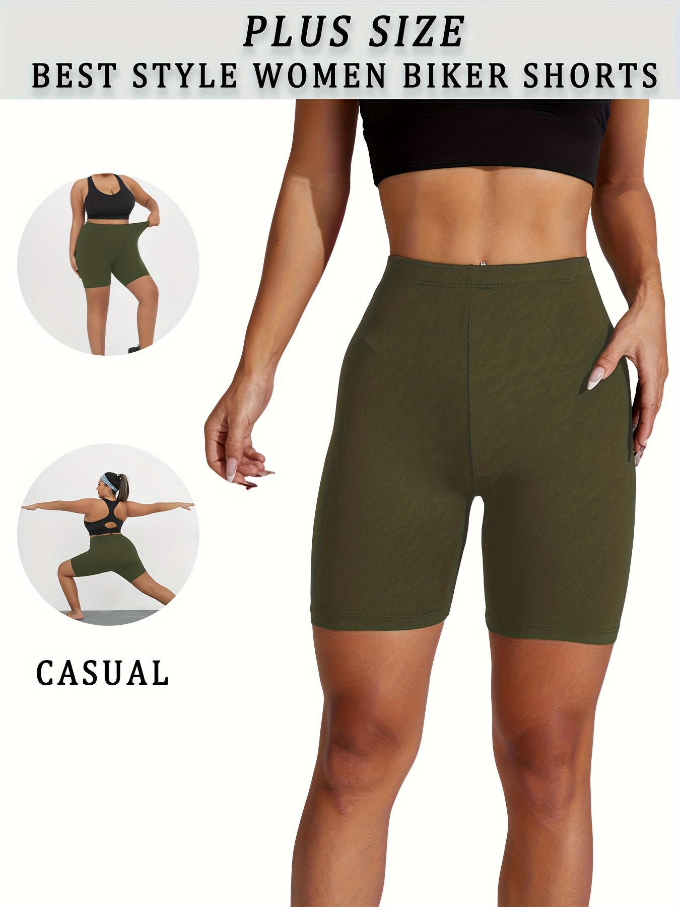 Plus Size Vibrant Green Biker Shorts for Women - Super Soft, No-See-Through, High-Waisted Workout & Yoga Gear, 15.24cm Inseam, Stretchy Polyester/Spandex Blend, Machine Washable, Plus Size Shorts