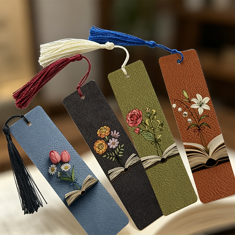 TEMU 4pcs Pcs Color-coded Minimalist Floral Bookmarks Suitable For School, Office, Library - Pu Leather Page Markers With Tassel Book Page Holders,
