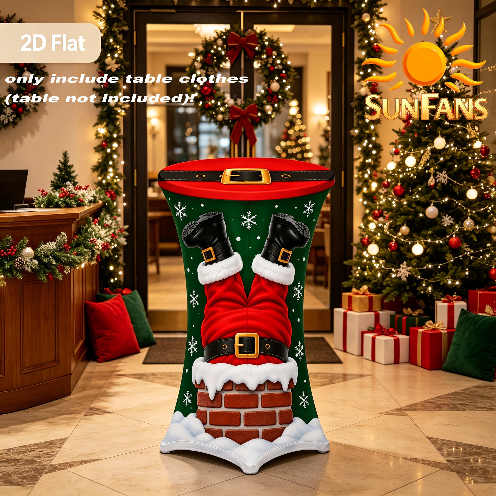 TEMU Nappe de Noël SUNFANS avec Père Noël dans la cheminée - Housse de table ronde élastique en spandex pour fêtes de Noël, lavable et réutilisable,