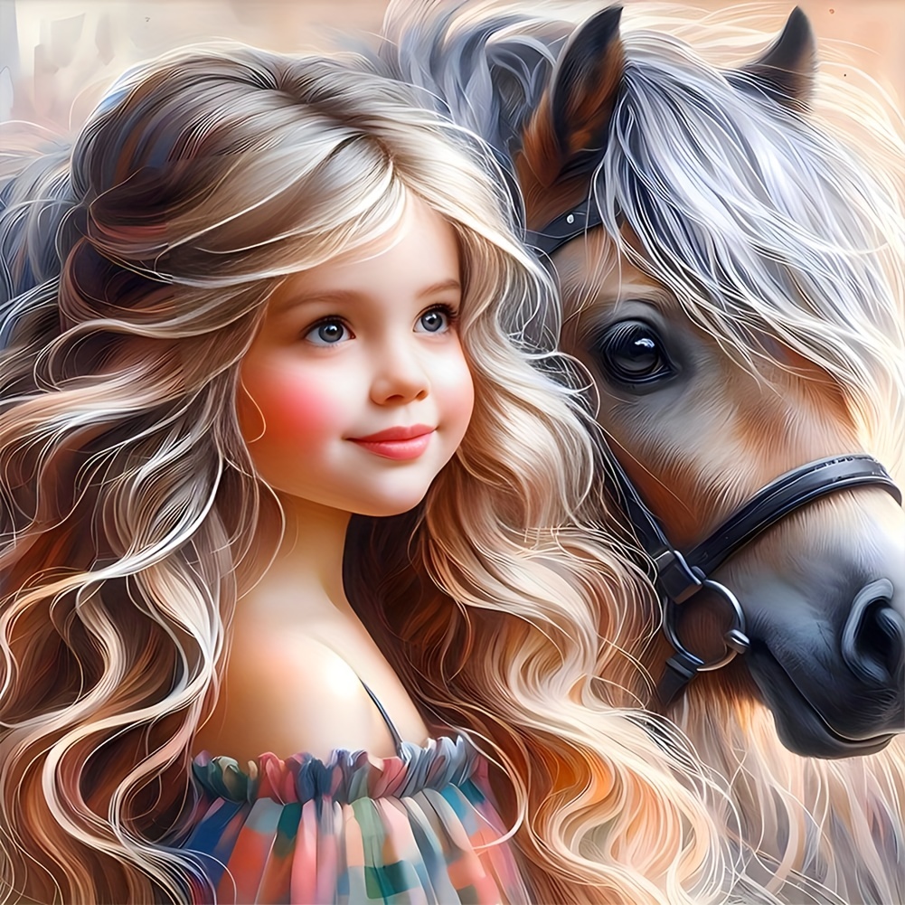 

5d Diy Diamond Painting Kit - "girl With Horse" - Acrylic Round Diamond Embroidery Cross Stitch Art, Full Drill Canvas Wall Decor And Gift