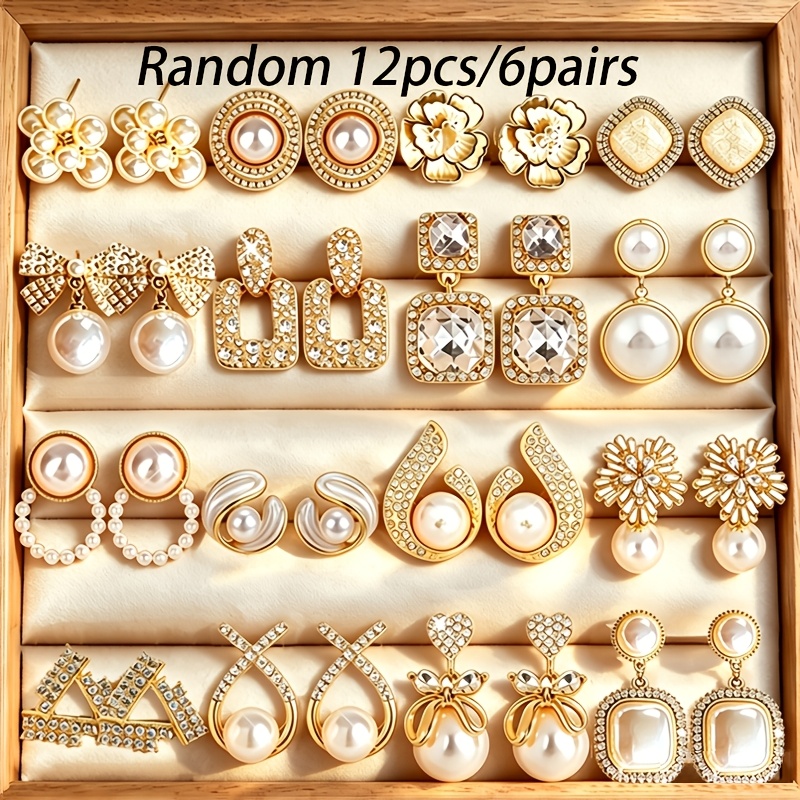 TEMU Random 12pcs/6pairs Artificial Pearl Square Bow Pendant Earring Set Women's Party Date Gift Daily All-match Gift For Girlfriend Valentine's Day